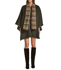 A Loves A Reversible Wool Blend Crew Neck Button Front Long Drape Sleeve Cape Jacket with Scarf