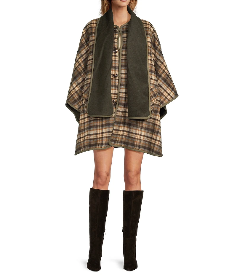 A Loves A Reversible Wool Blend Crew Neck Button Front Long Drape Sleeve Cape Jacket with Scarf