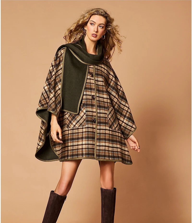 A Loves A Reversible Wool Blend Crew Neck Button Front Long Drape Sleeve Cape Jacket with Scarf