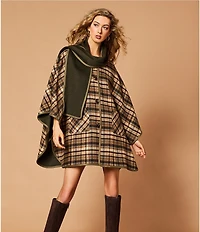 A Loves A Reversible Wool Blend Crew Neck Button Front Long Drape Sleeve Cape Jacket with Scarf