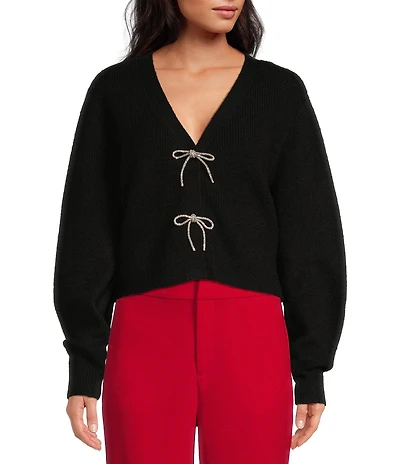 A Loves A Wool Blend Sweater Knit Rhinestone Bow V-Neck Long Sleeve Cardigan