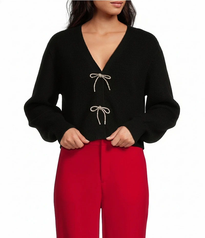 A Loves A Wool Blend Sweater Knit Rhinestone Bow V-Neck Long Sleeve Cardigan
