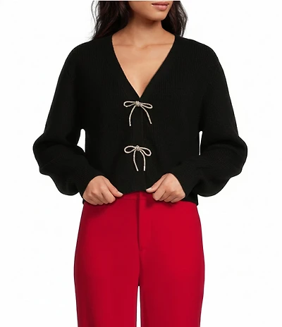 A Loves A Wool Blend Sweater Knit Rhinestone Bow V-Neck Long Sleeve Cardigan