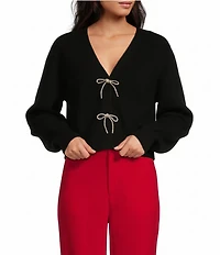A Loves A Wool Blend Sweater Knit Rhinestone Bow V-Neck Long Sleeve Cardigan