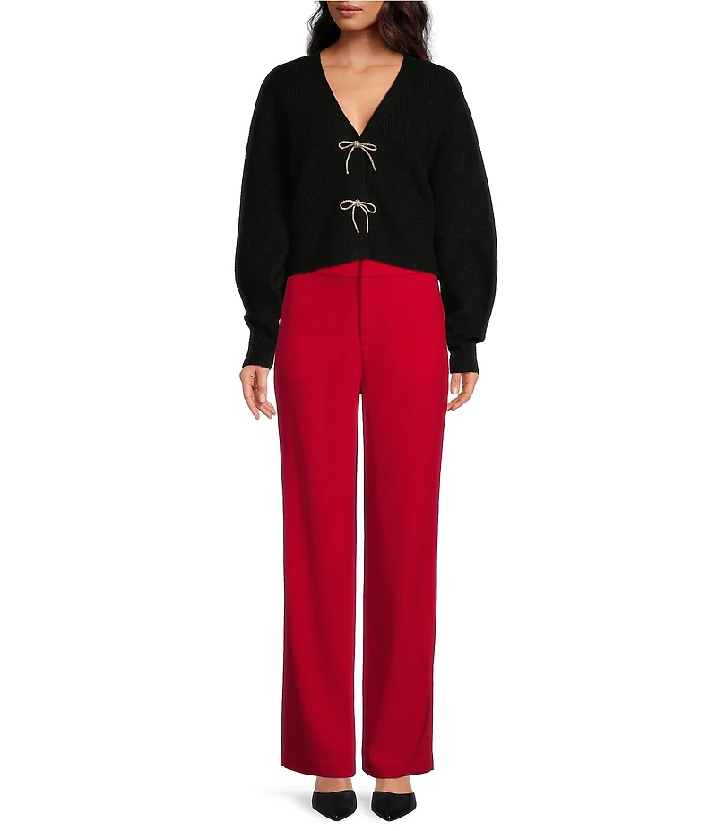 A Loves A Wool Blend Sweater Knit Rhinestone Bow V-Neck Long Sleeve Cardigan