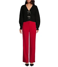 A Loves A Wool Blend Sweater Knit Rhinestone Bow V-Neck Long Sleeve Cardigan