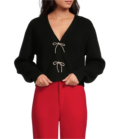 A Loves A Wool Blend Sweater Knit Rhinestone Bow V-Neck Long Sleeve Cardigan