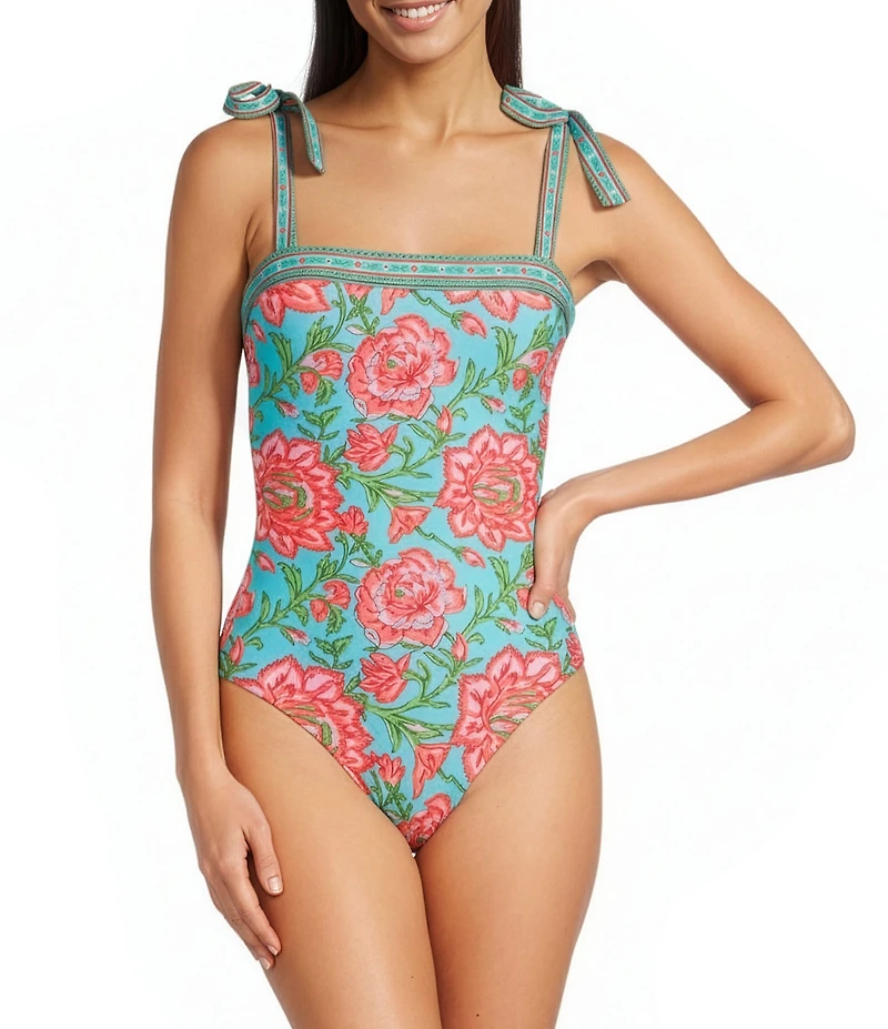 A Loves A Rio Garden Border Print Reversible Bandeau Tie Shoulder One Piece Swimsuit