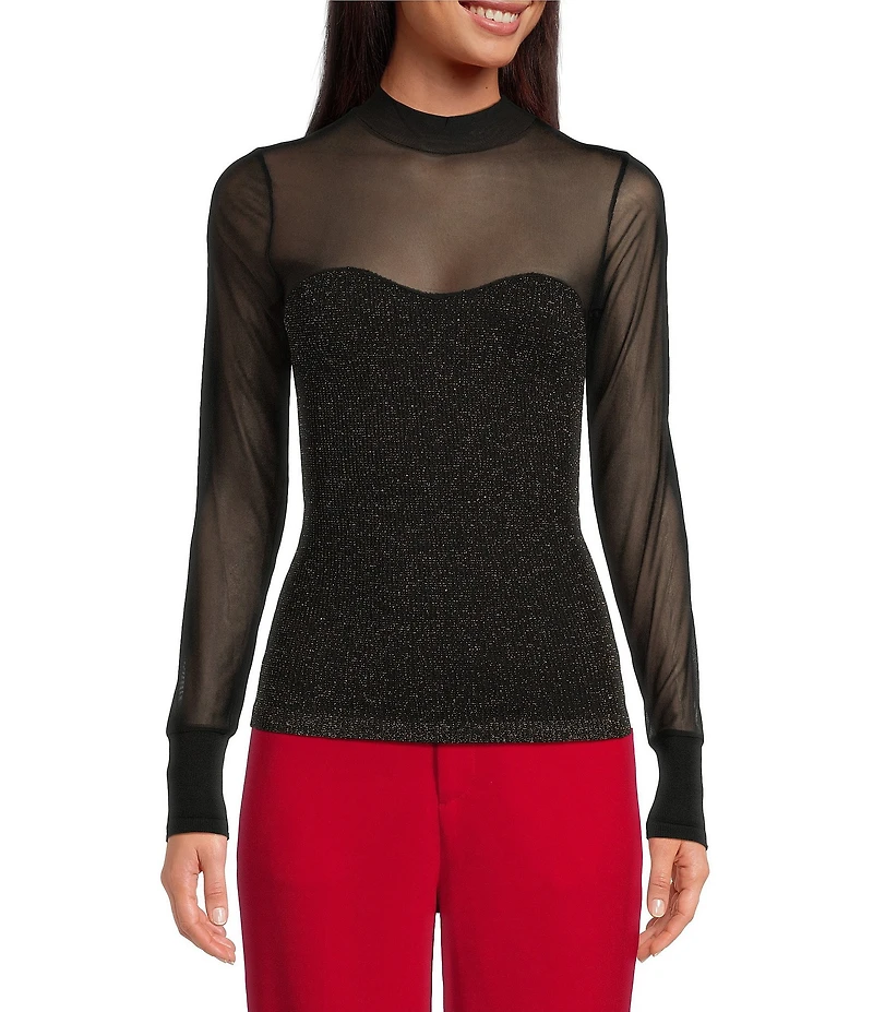 A Loves A Sheer Illusion Mesh Mock Neck Long Sleeve Full Length Top
