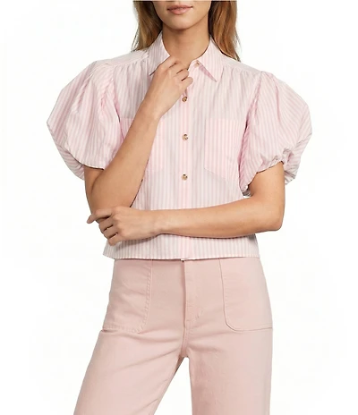 A Loves A Stripe Collared Neck Short Bubble Sleeve Button Front Shirt