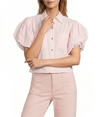 A Loves A Stripe Collared Neck Short Bubble Sleeve Button Front Shirt