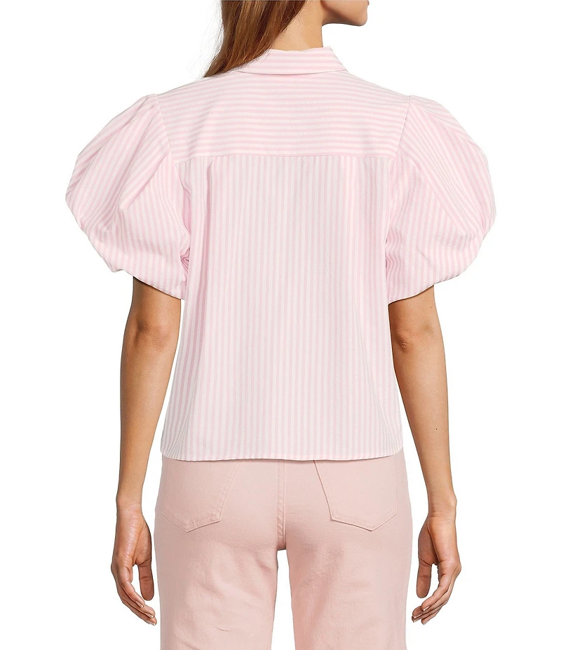 A Loves A Stripe Collared Neck Short Bubble Sleeve Button Front Shirt