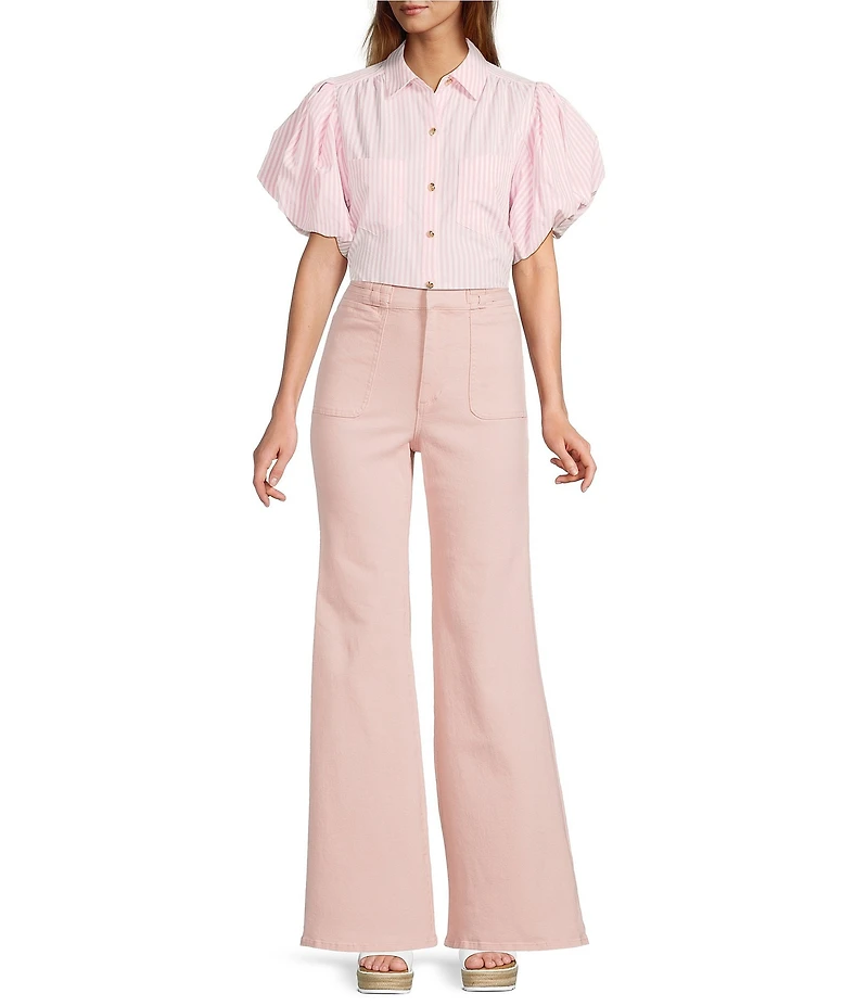 A Loves A Stripe Collared Neck Short Bubble Sleeve Button Front Shirt