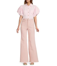 A Loves A Stripe Collared Neck Short Bubble Sleeve Button Front Shirt