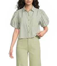 A Loves A Stripe Collared Neck Short Bubble Sleeve Button Front Shirt