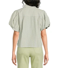 A Loves A Stripe Collared Neck Short Bubble Sleeve Button Front Shirt