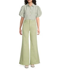 A Loves A Stripe Collared Neck Short Bubble Sleeve Button Front Shirt