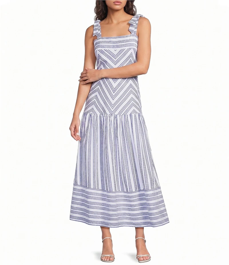 A Loves A Stripe Pattern Square Neck Sleeveless Woven A-Line Midi Dress