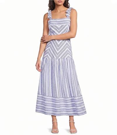 A Loves A Stripe Pattern Square Neck Sleeveless Woven A-Line Midi Dress