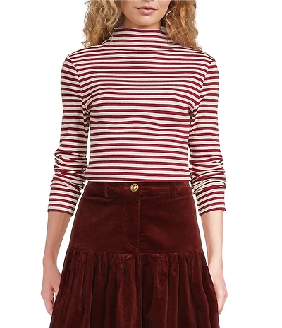 A Loves A Stripe Print Stretch Knit Turtleneck Long Sleeve Tee