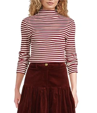 A Loves A Stripe Print Stretch Knit Turtleneck Long Sleeve Tee