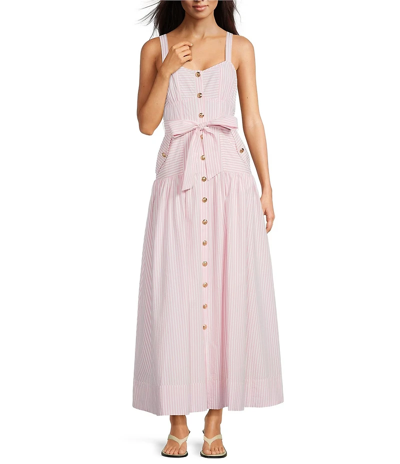 A Loves A Stripe Sweetheart Neck Tank Strap Button Front Tie Drop Waist Flounce Maxi Dress
