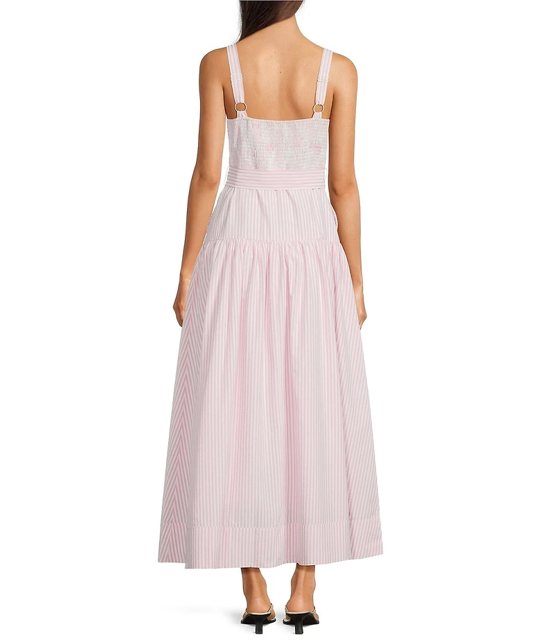 A Loves A Stripe Sweetheart Neck Tank Strap Button Front Tie Drop Waist Flounce Maxi Dress