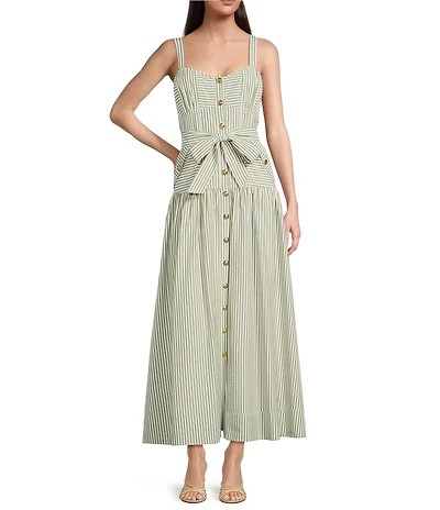 A Loves A Stripe Sweetheart Neck Tank Strap Button Front Tie Drop Waist Flounce Maxi Dress