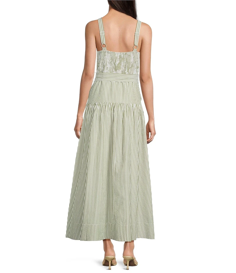 A Loves A Stripe Sweetheart Neck Tank Strap Button Front Tie Drop Waist Flounce Maxi Dress