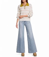 A Loves A Striped Collared Long Sleeve Polo Sweater