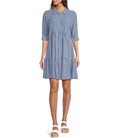 A Loves A Striped Point Collar 3/4 Cuffed Sleeve Button Front Mini Shirt Dress