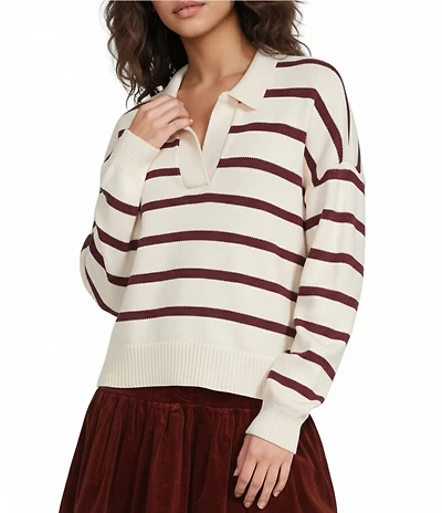 A Loves A Striped Print Long Sleeve Point Collar Knit Sweater