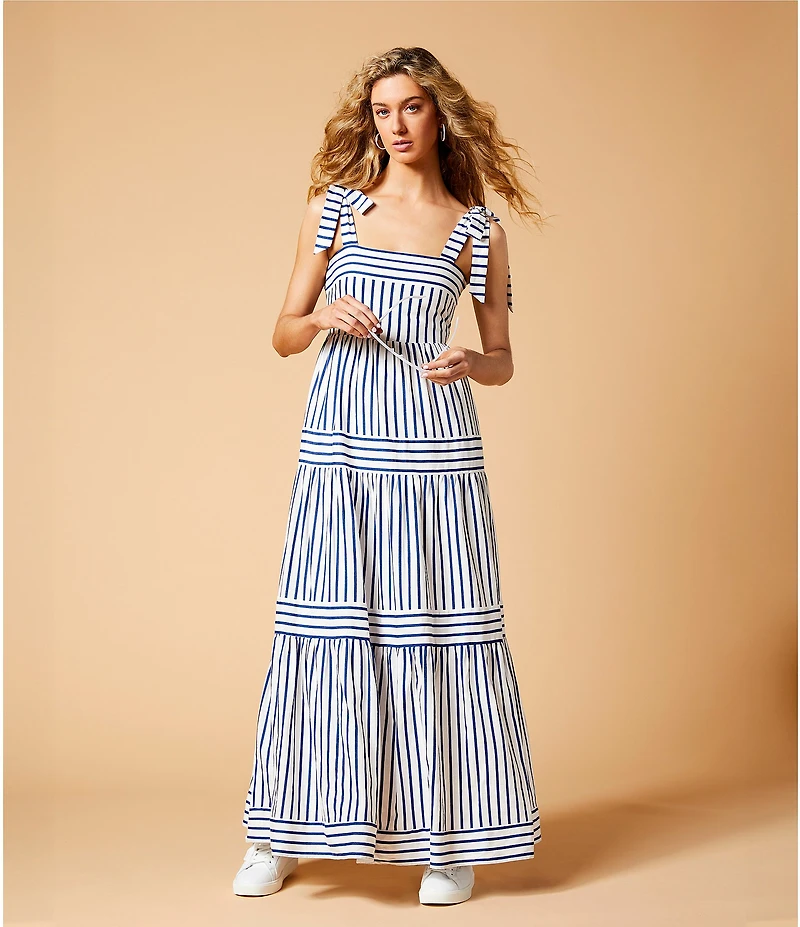 A Loves A Stripe Print Square Neck Tie Strap Tiered A-Line Flounce Maxi Dress