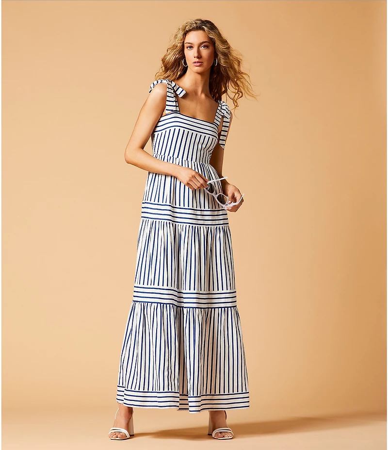 A Loves A Stripe Print Square Neck Tie Strap Tiered A-Line Flounce Maxi Dress