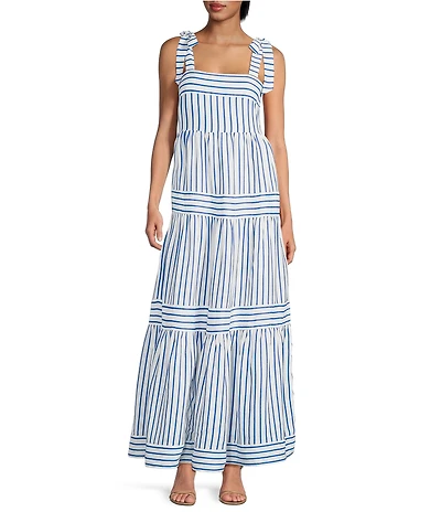 A Loves A Stripe Print Square Neck Tie Strap Tiered A-Line Flounce Maxi Dress