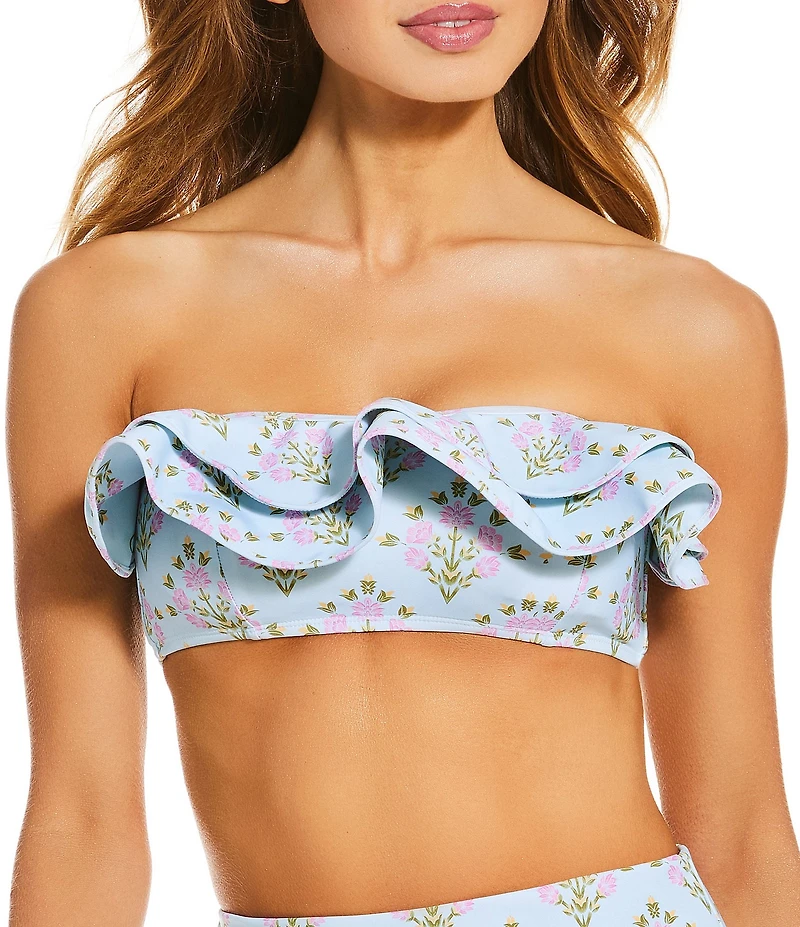 A Loves A Traditional Blooms Ice Blue Bonded Ruffle Bandeau Swim Top