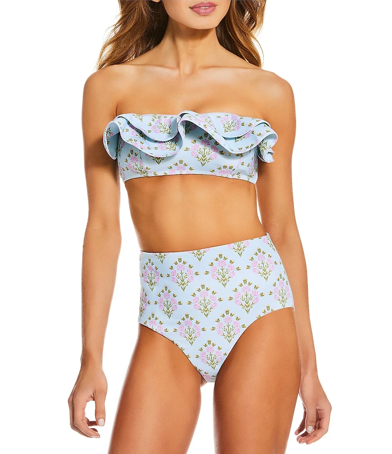 A Loves A Traditional Blooms Ice Blue Bonded Ruffle Bandeau Swim Top