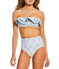 A Loves A Traditional Blooms Ice Blue Bonded Ruffle Bandeau Swim Top