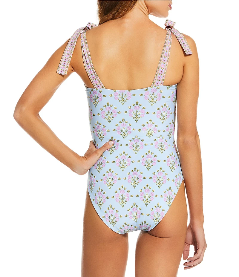 A Loves A Traditional Blooms Ice Blue Reversible Border Print One Piece Swimsuit