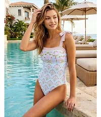 A Loves A Traditional Blooms Ice Blue Reversible Border Print One Piece Swimsuit