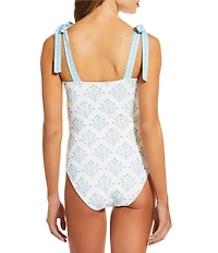 A Loves A Traditional Blooms Ivory Reversible Border Print Tie Shoulder Bandeau One Piece Swimsuit