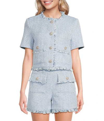 A Loves A Tweed Crew Neck Short Sleeve Button Front Coordinating Cropped Jacket