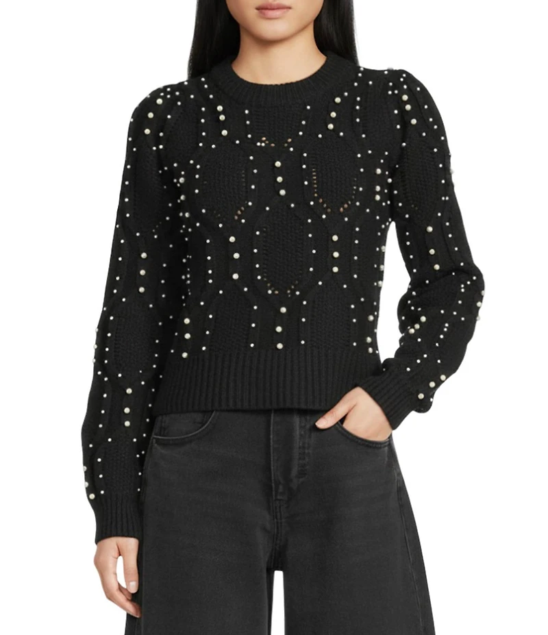 A Loves A Wool Blend Beaded Pearl Crew Neck Long Sleeve Sweater