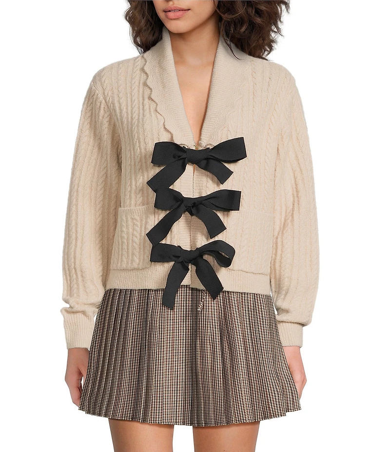 A Loves A Wool Blend Knit Scallop Collar Long Sleeve Bow Front Cardigan Sweater