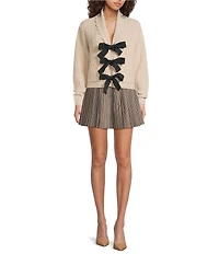 A Loves A Wool Blend Knit Scallop Collar Long Sleeve Bow Front Cardigan Sweater