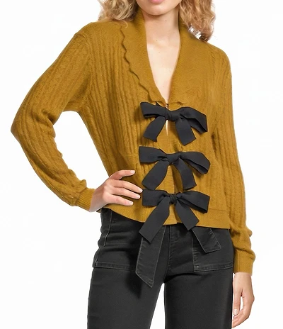 A Loves A Wool Blend Knit Scallop Collar Long Sleeve Bow Front Cardigan Sweater