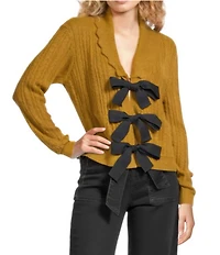 A Loves A Wool Blend Knit Scallop Collar Long Sleeve Bow Front Cardigan Sweater