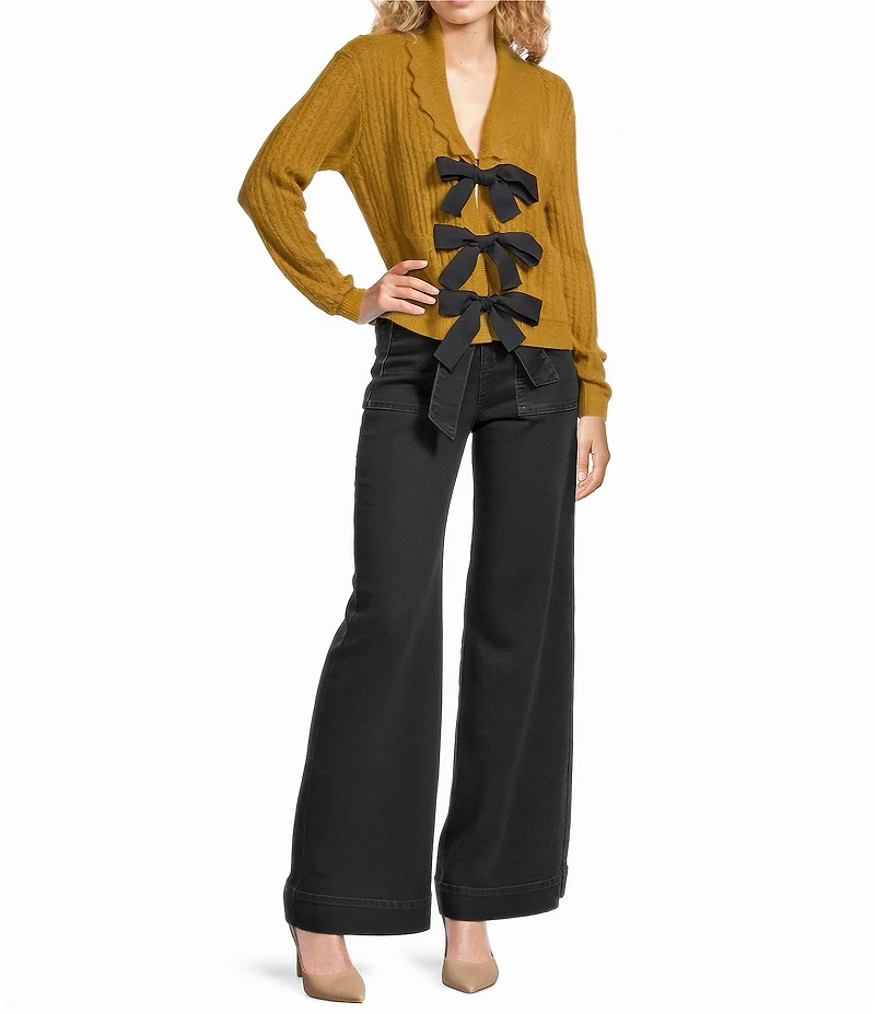 A Loves A Wool Blend Knit Scallop Collar Long Sleeve Bow Front Cardigan Sweater