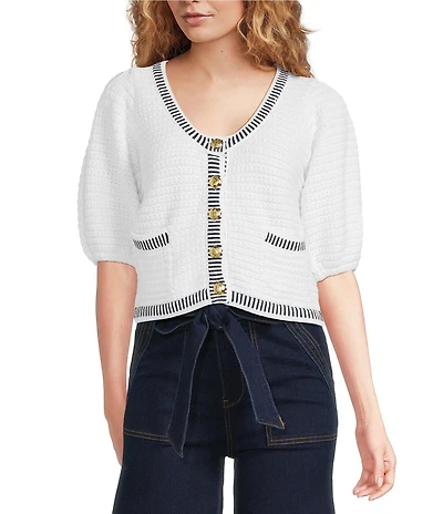 A Loves A Wool Blend Knit Trim Contrast Scoop Neck 3/4 Puff Sleeve Button Front Crop Cardigan