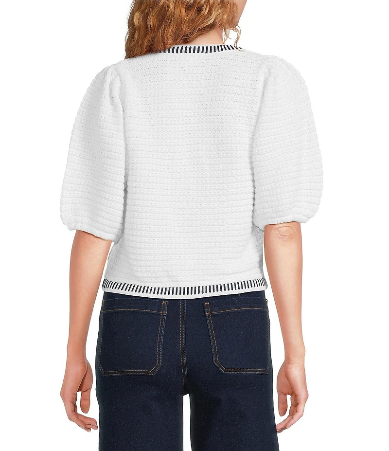 A Loves A Wool Blend Knit Trim Contrast Scoop Neck 3/4 Puff Sleeve Button Front Crop Cardigan